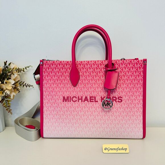 Michael Kors Purse Mirella Medium Ombré Logo Tote Bag Dragonfruit - Picture 1 of 9